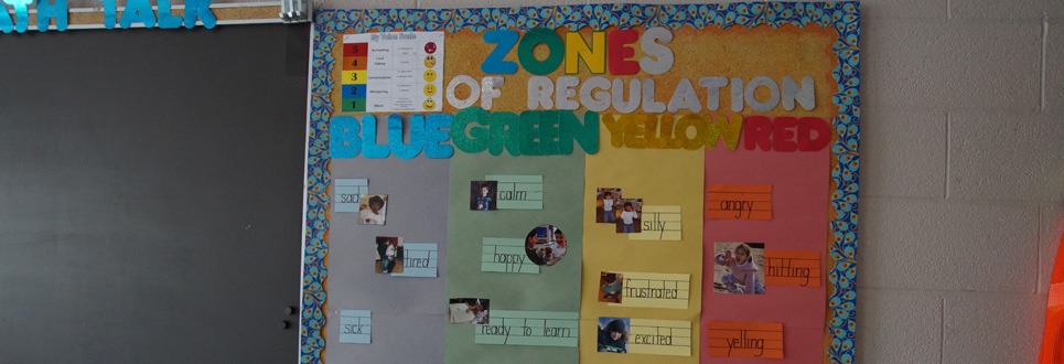 "Zones of Regulations" bulletin board with "Blue, Green, Yellow and Red" sections with varying feelings under each one.